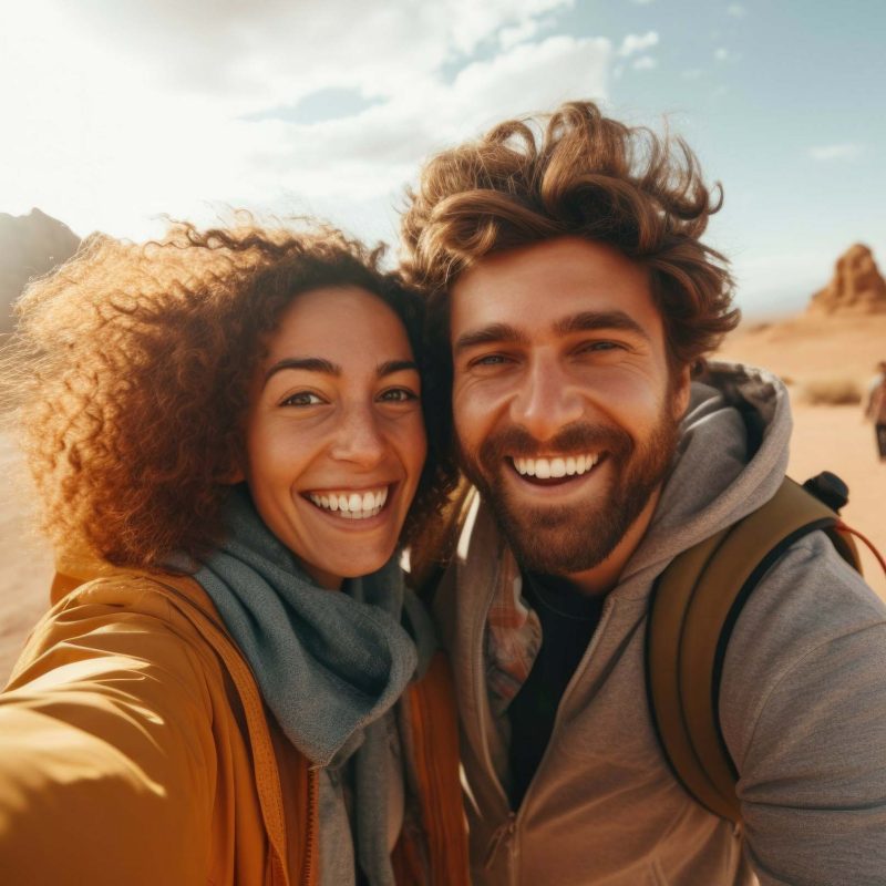 couple taking selfie in the middle of desert couple taking selfie in the middle of desert
